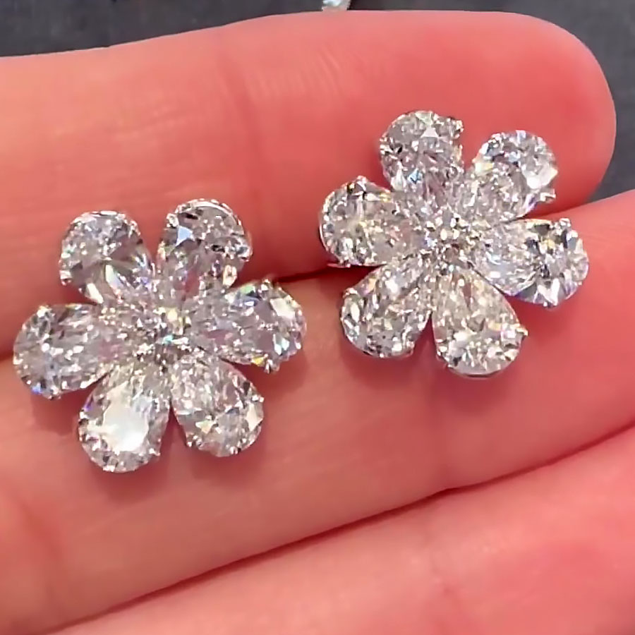 Flower Design Pear Cut White Sapphire Stud Earrings