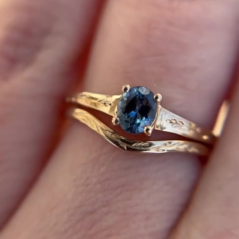 London Blue Sapphire & Scrollwork Oval Cut Wedding Ring Set