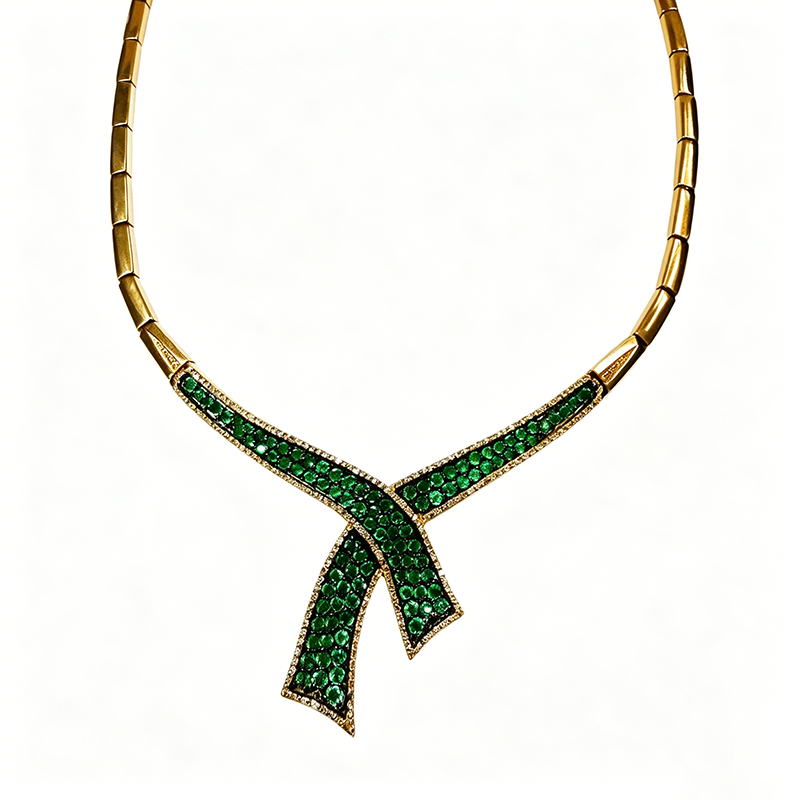 Round Cut Emerald & White Sapphire Cross Bow Choker Necklace
