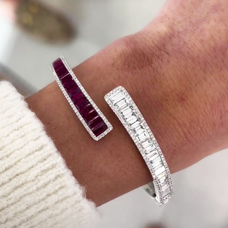 Baguette&Round Cut Ruby&Diamond Open Bracelet