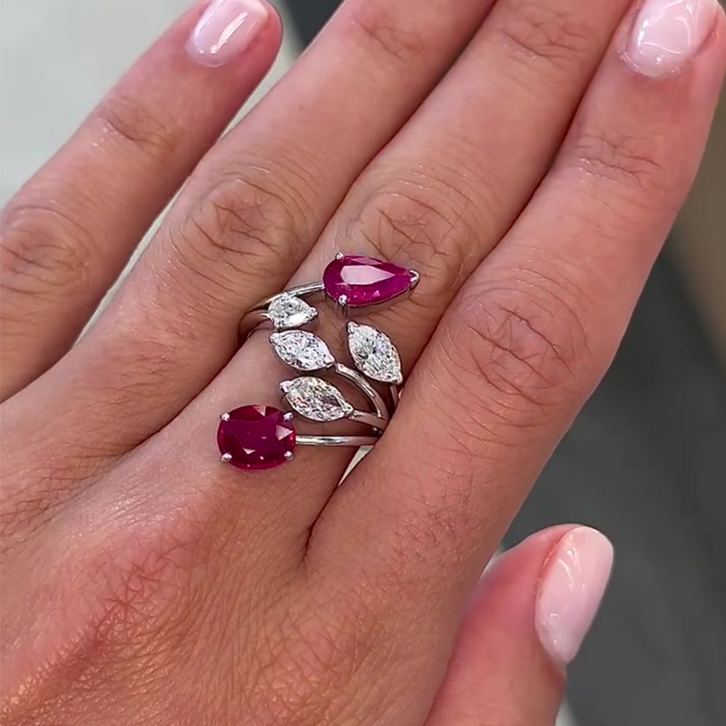 Art Deco Pear Cut & Oval Cut Ruby Leaf Wrap Ring