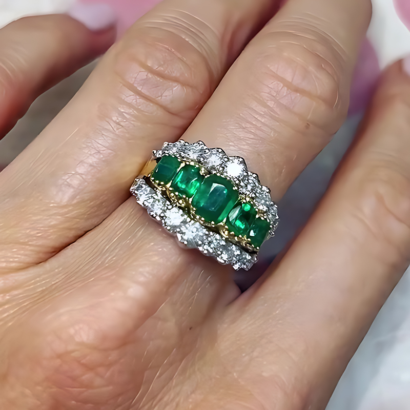 Vintage Emerald Step Cut & Diamond Two-Tone Gold Eternity Band