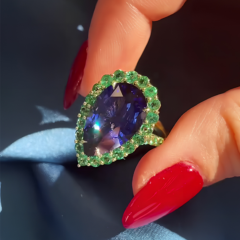 Emerald Halo 6ct Pear Cut Blue Sapphire Engagement Ring