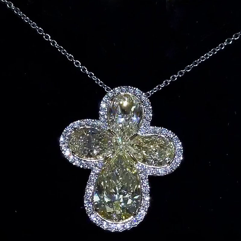 Classic Two-tone Clover Flower Yellow Sapphire Pendant Necklace