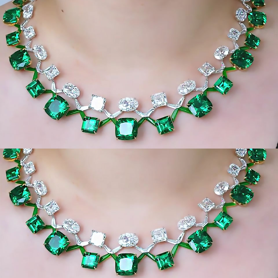 Multi-cut Emerald&White Sapphire Necklaces
