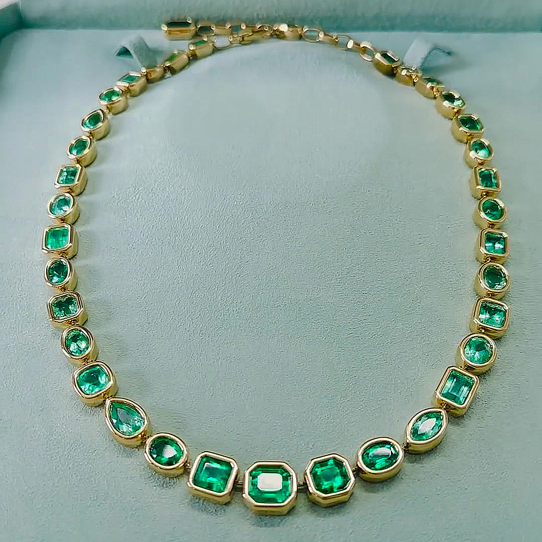 Bezel Setting Multi Cut Emerald Sapphire Necklace