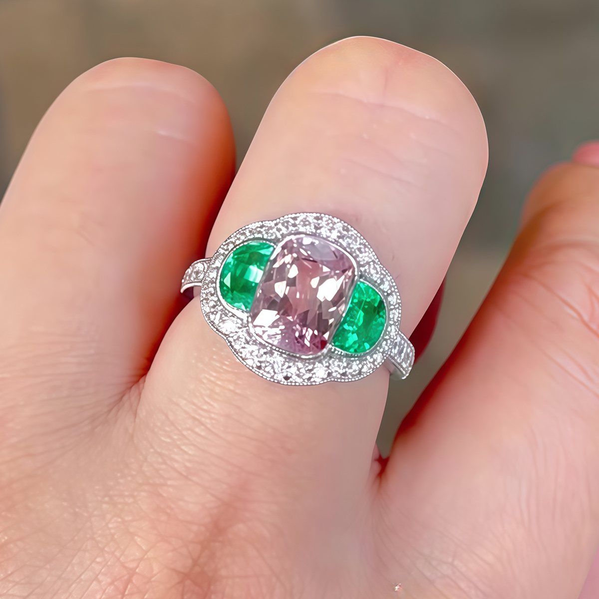 Chic Contrast 2ct Cushion Cut Pink & Emerald Sapphire Halo Ring