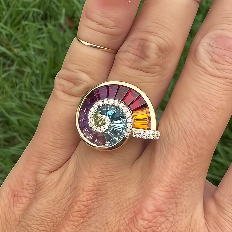 Ammonite Motif Rainbow Sapphire Baguette Cut Statement Band for Men / Women