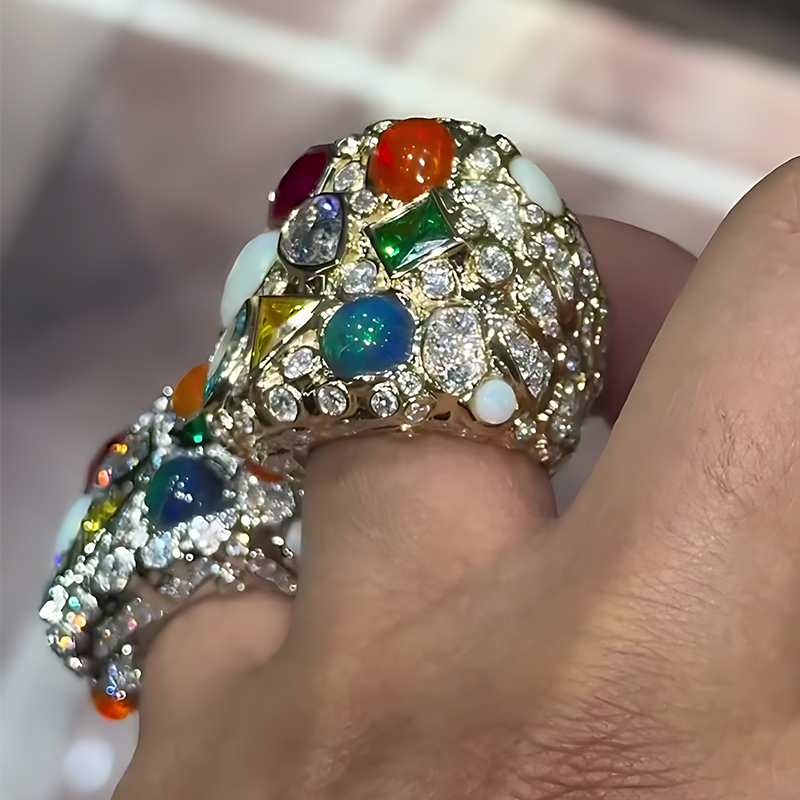 Multi-Gemstone Opal & Diamond Statement Cocktail Ring (Gold/Silver, Sold Individually)