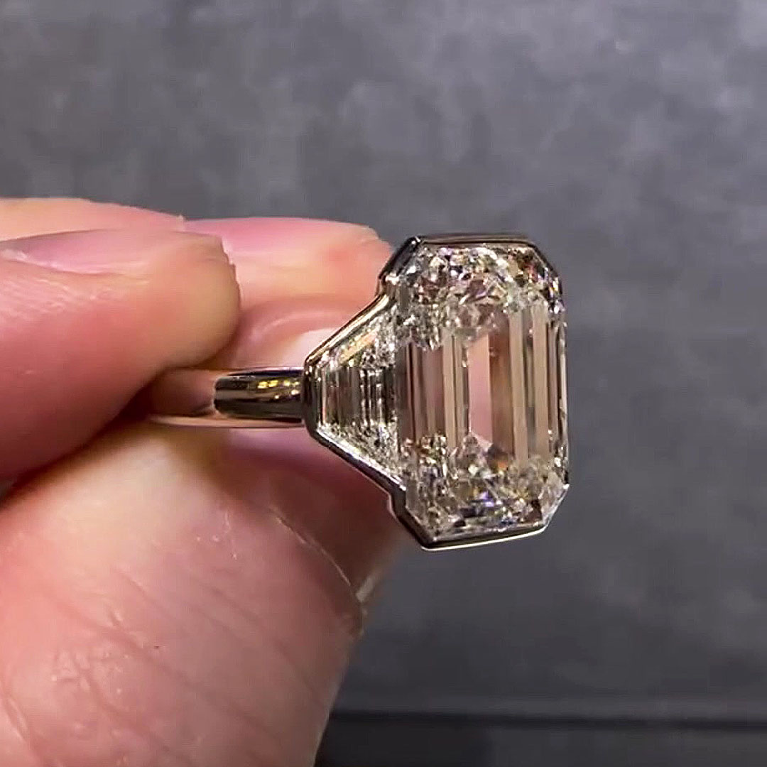 4ct Bezel Setting Emerald Cut White Sapphire Three-stone Engagement Ring