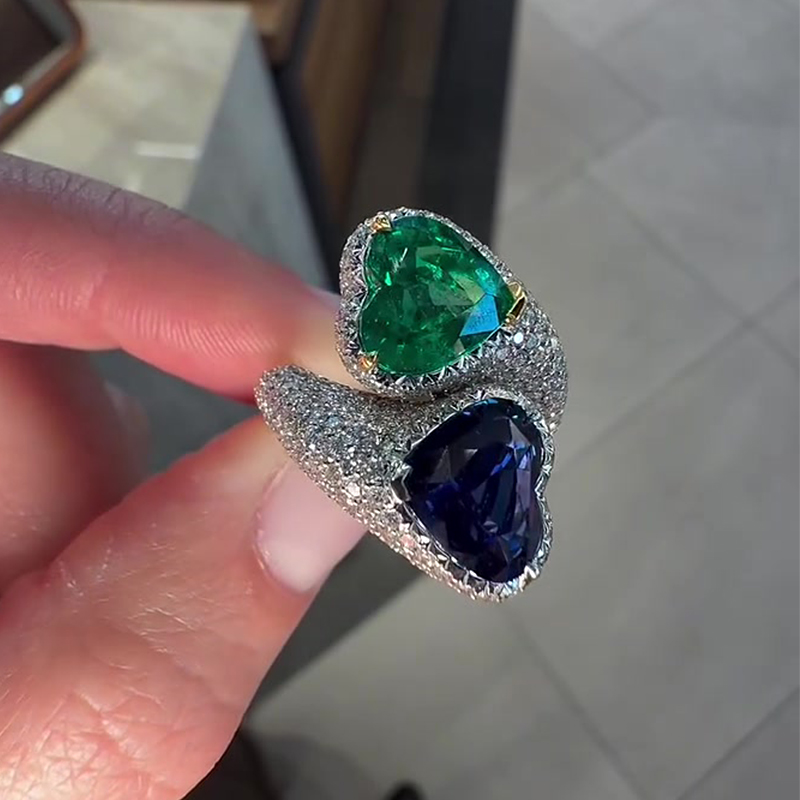 Heart Cut Emerald & Blue Sapphire Micro-Pave Ring
