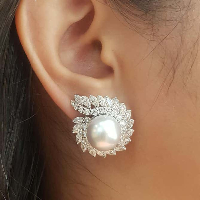 Art Deco Pearl&White Sapphire Stud Earrings
