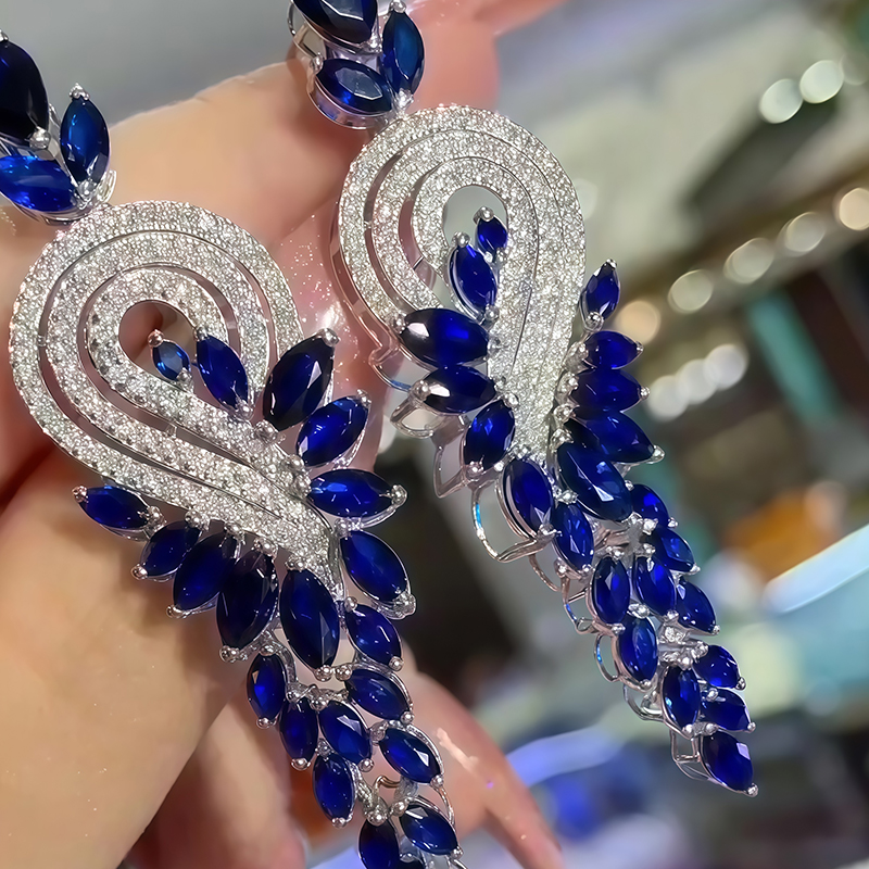 Swirl Pave Blue Sapphire Marquise Cut Drop Earrings