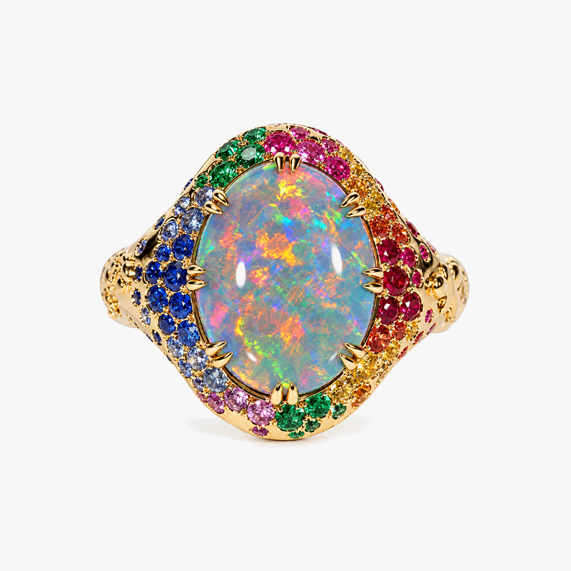Art 6.75ct Oval Cut Opal & Round Cut Multicolor Sapphire Halo Engagement Ring