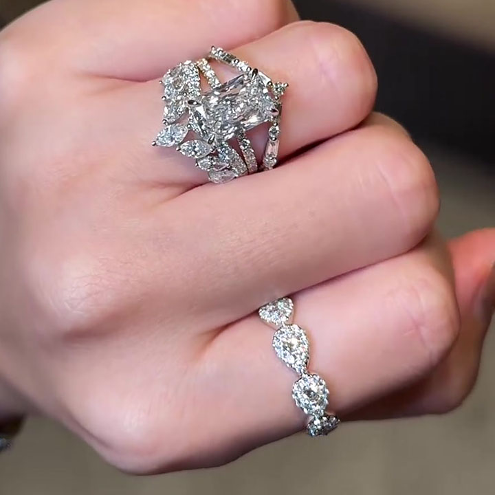 4ct Art Deco Emerald Cut White Sapphire Wedding Set/3pcs