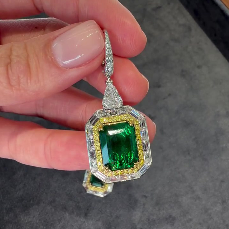 Emerald Cut Halo Peridot Drop Earrings