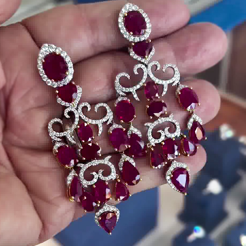 Luxury Oval&Pear Cut Ruby Sapphire Drop Earrings