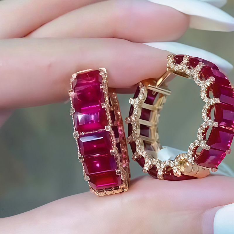 12.00ctw Emerald Cut Vivid Red Ruby & White Sapphire Hoop Earrings