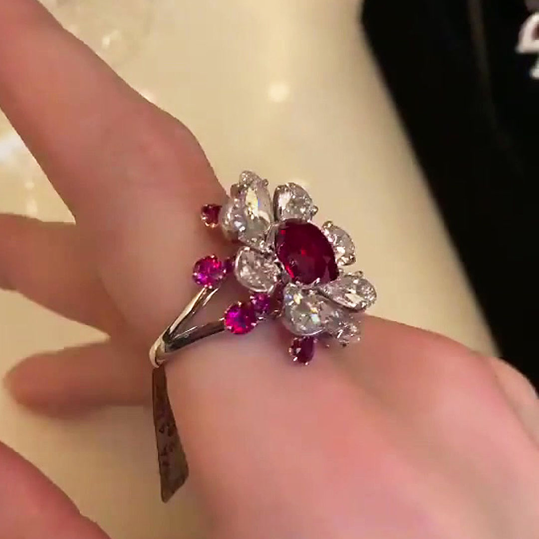 4ct Cushion Cut Ruby Sapphire Halo Flower Engagement Ring