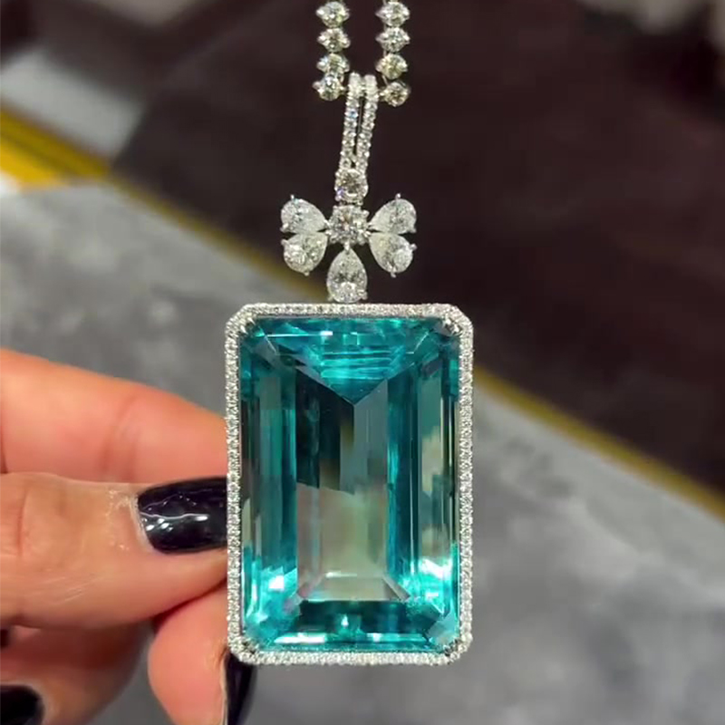 Halo Emerald Cut Aquamarine Sapphire Pendant Necklace