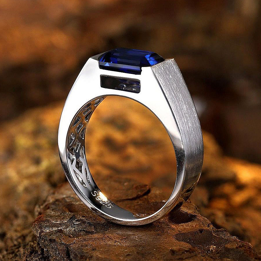 5ct Emerald Cut Blue Sapphire Men's Engagement Ring