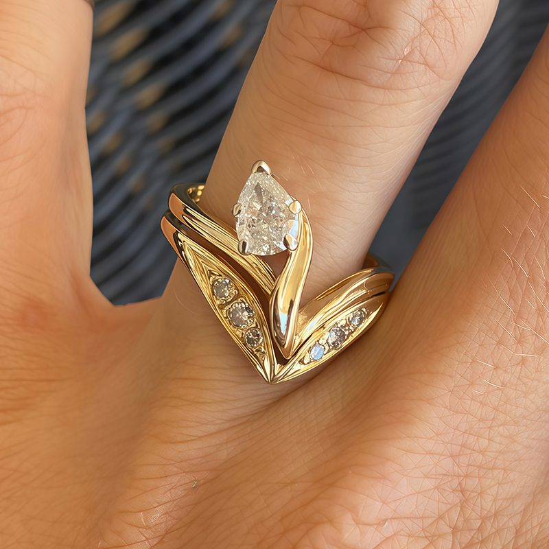 V-Shaped Bypass White Sapphire Pear Cut Engagement Ring