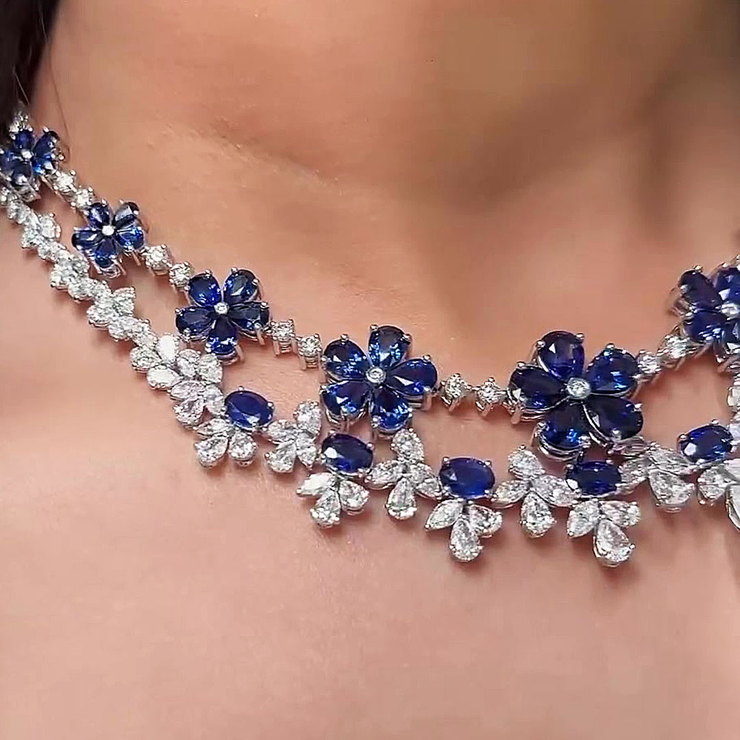 Floral Design Blue Sapphire Necklace&Earrings/2pcs