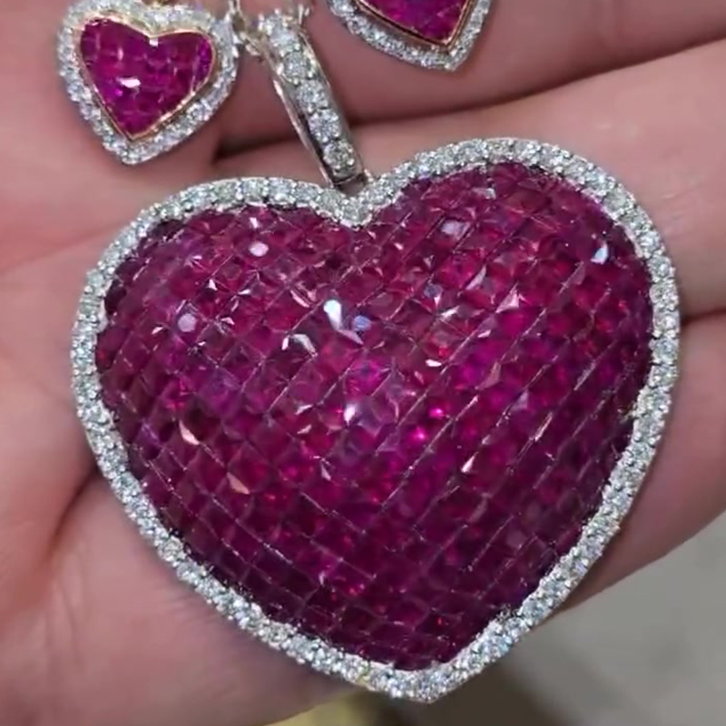 Invisible Setting Princess Cut Ruby Heart Pendant Necklace