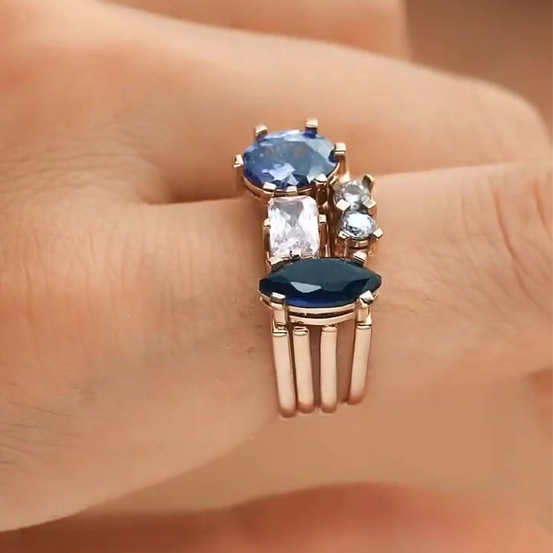 Blue Sapphire Oval, Radiant, Marquise & Round Cut Engagement Ring Set / 4-Piece