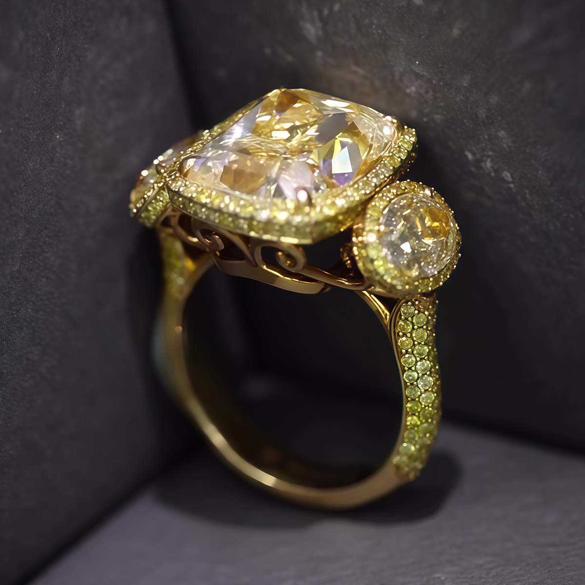 3ct Cushion Cut Yellow Sapphire Three Stone Ring