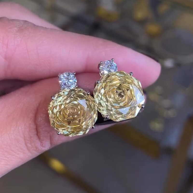 Yellow Sapphire Rose Cut Diamond Accent Stud Earrings