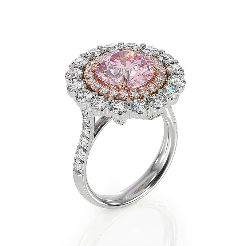 Round Brilliant Cut Pink Sapphire & Double Halo Engagement Ring