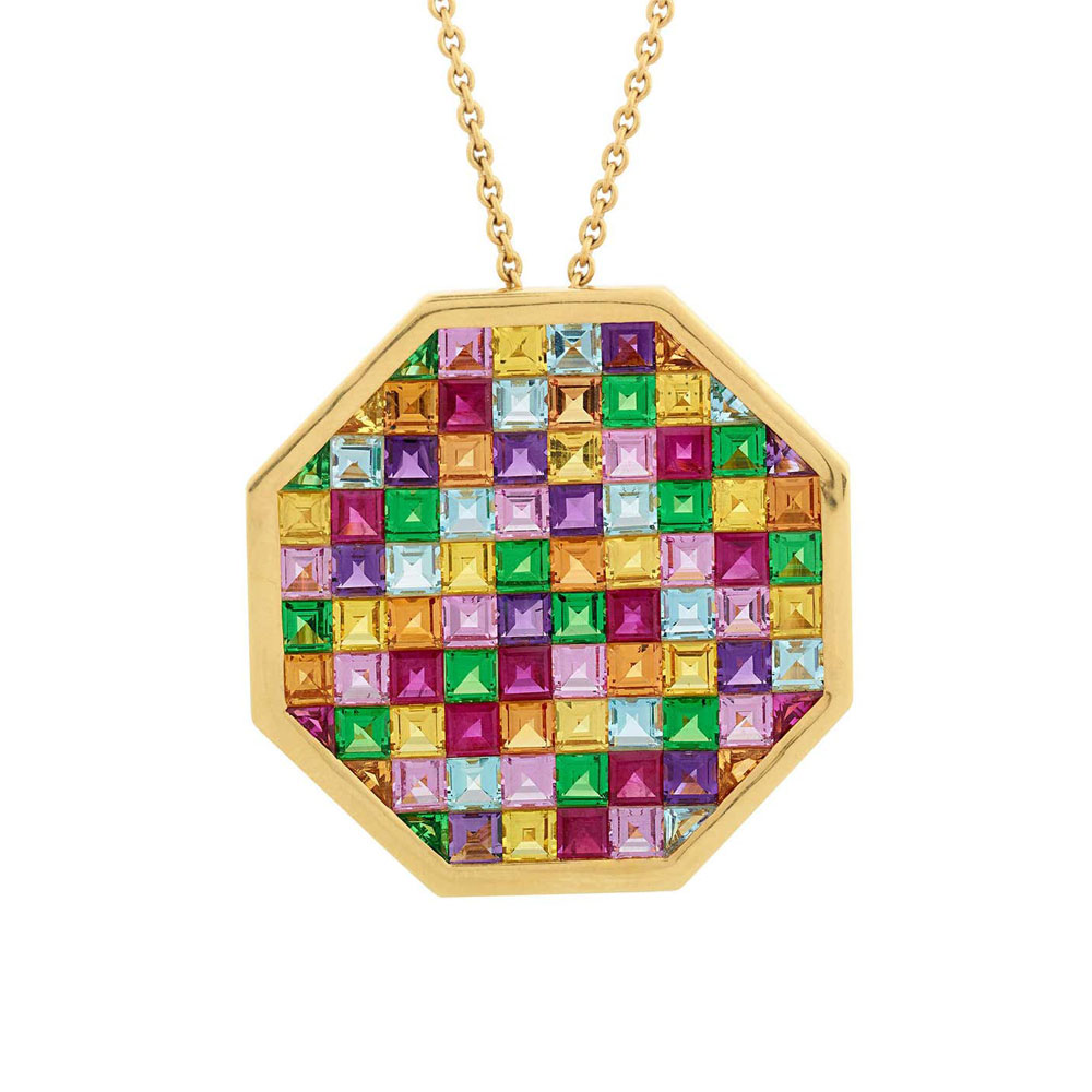 Octagon Princess Cut Rainbow Sapphire Pendant Necklace