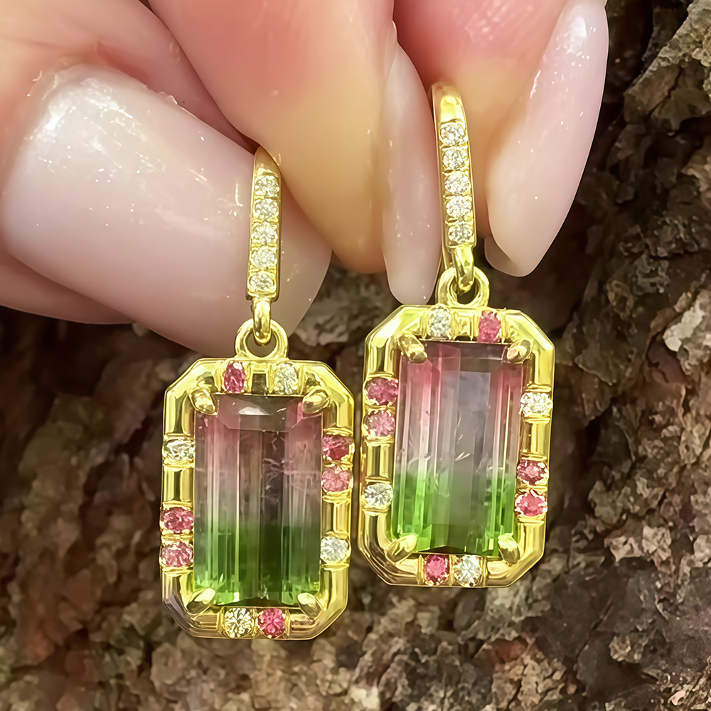 Watermelon Tourmaline Golden Color Earrings