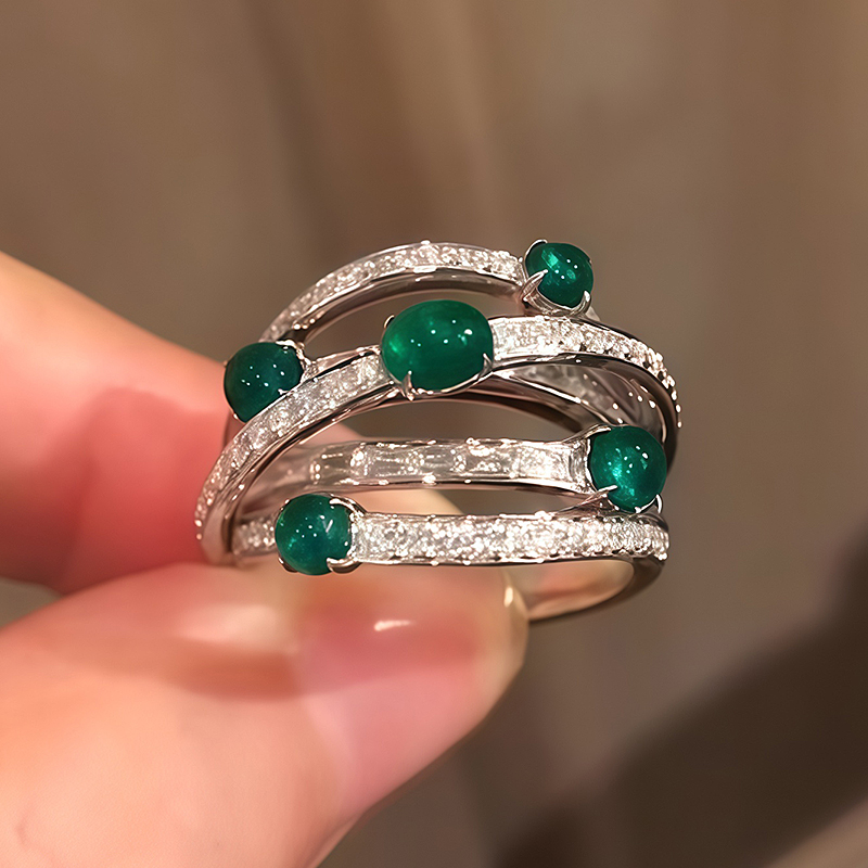 Twisted Pave Emerald & White Sapphire Cabochon & Baguette Cut Multi-Band Statement Ring