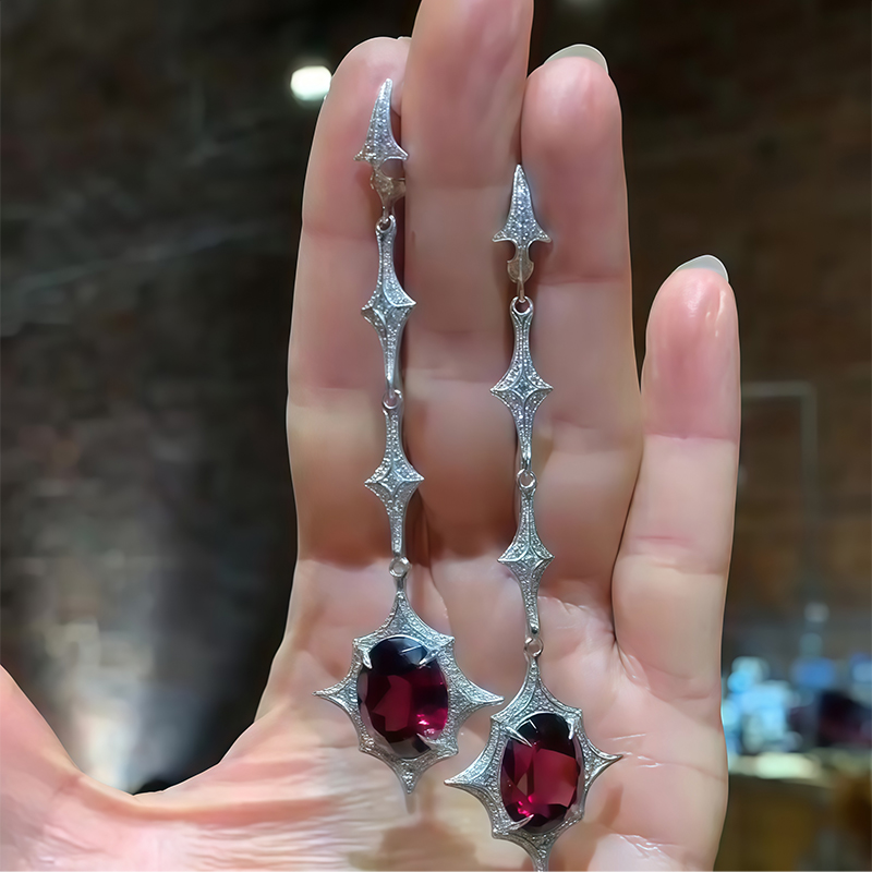 Art Deco-Inspired Rhodolite Garnet & White Sapphire Long Drop Earrings
