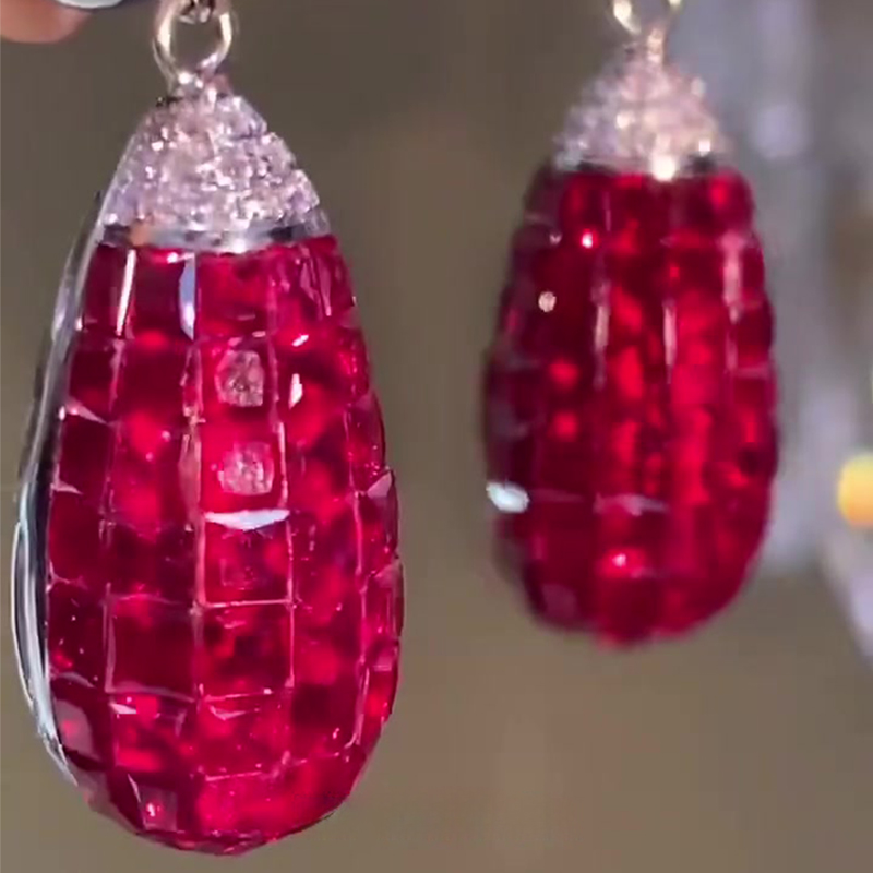 Invisible Setting Princess Cut Ruby Sapphire Teardrop Earrings