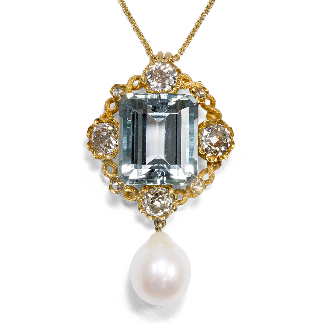Emerald Cut Aquamarine&Pearl Sapphire Pendant Necklace
