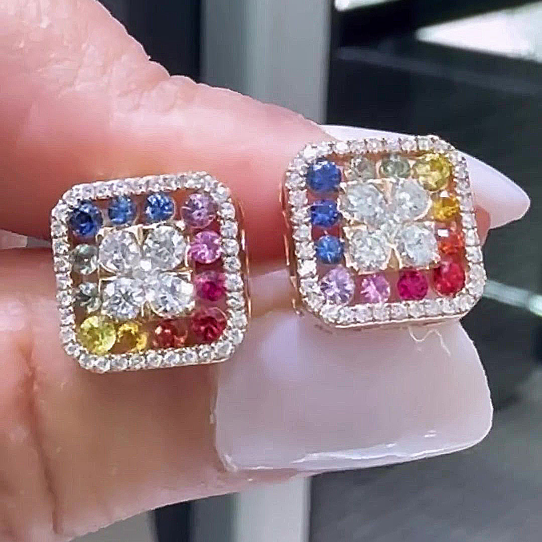 Round Cut Rainbow Sapphire Stud Earrings