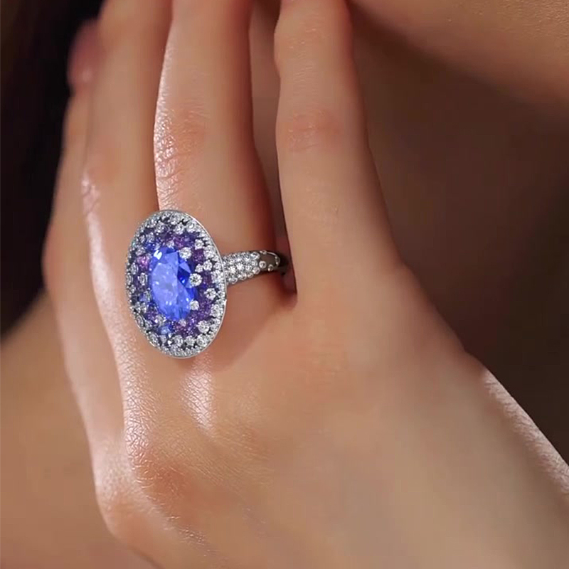 Pave Setting 2ct Oval Cut Blue Sapphire Signet Ring