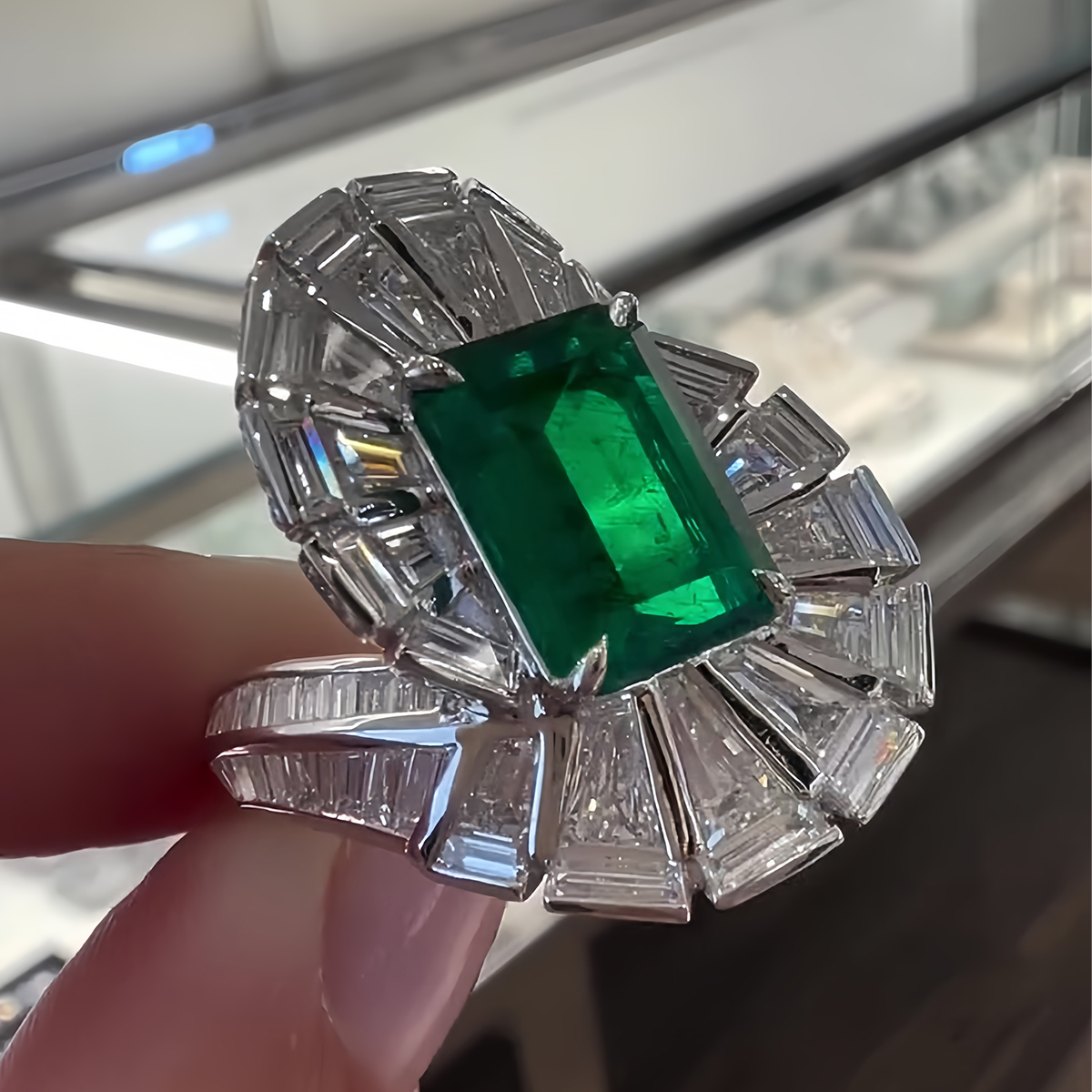 3ct Spiral Design Emerald Cut Emerald Sapphire Engagement Ring