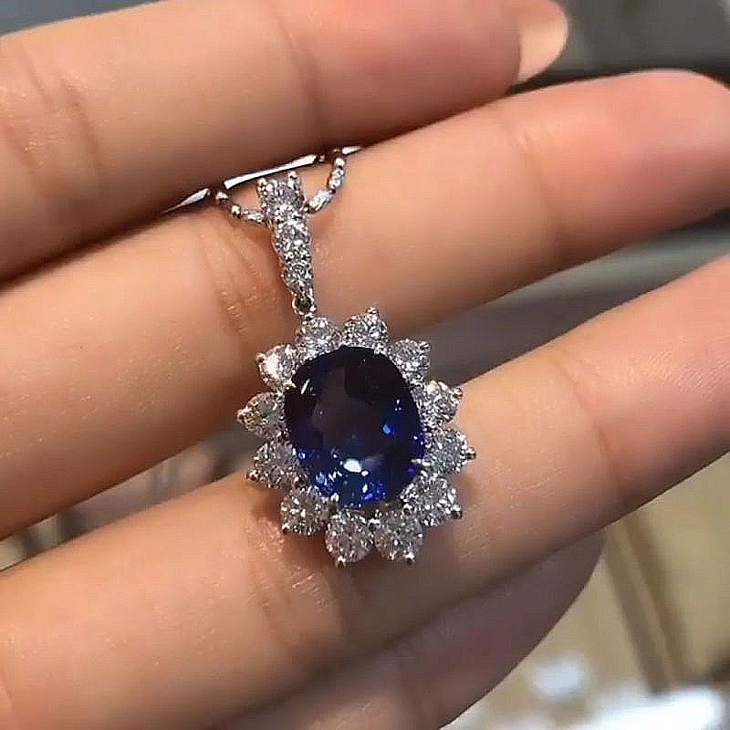 Halo Cushion Cut Blue Sapphire Pendant Necklace