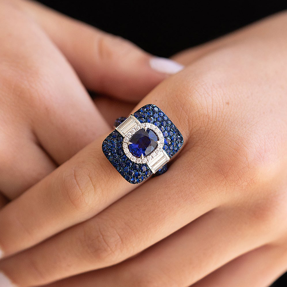 Halo 2.5ct Cushion Cut Blue Sapphire Pave Ring