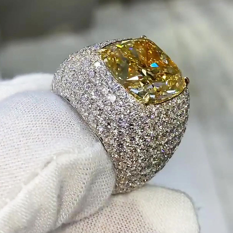 12.35ct Cushion Cut Yellow Sapphire Pave Men's Ring