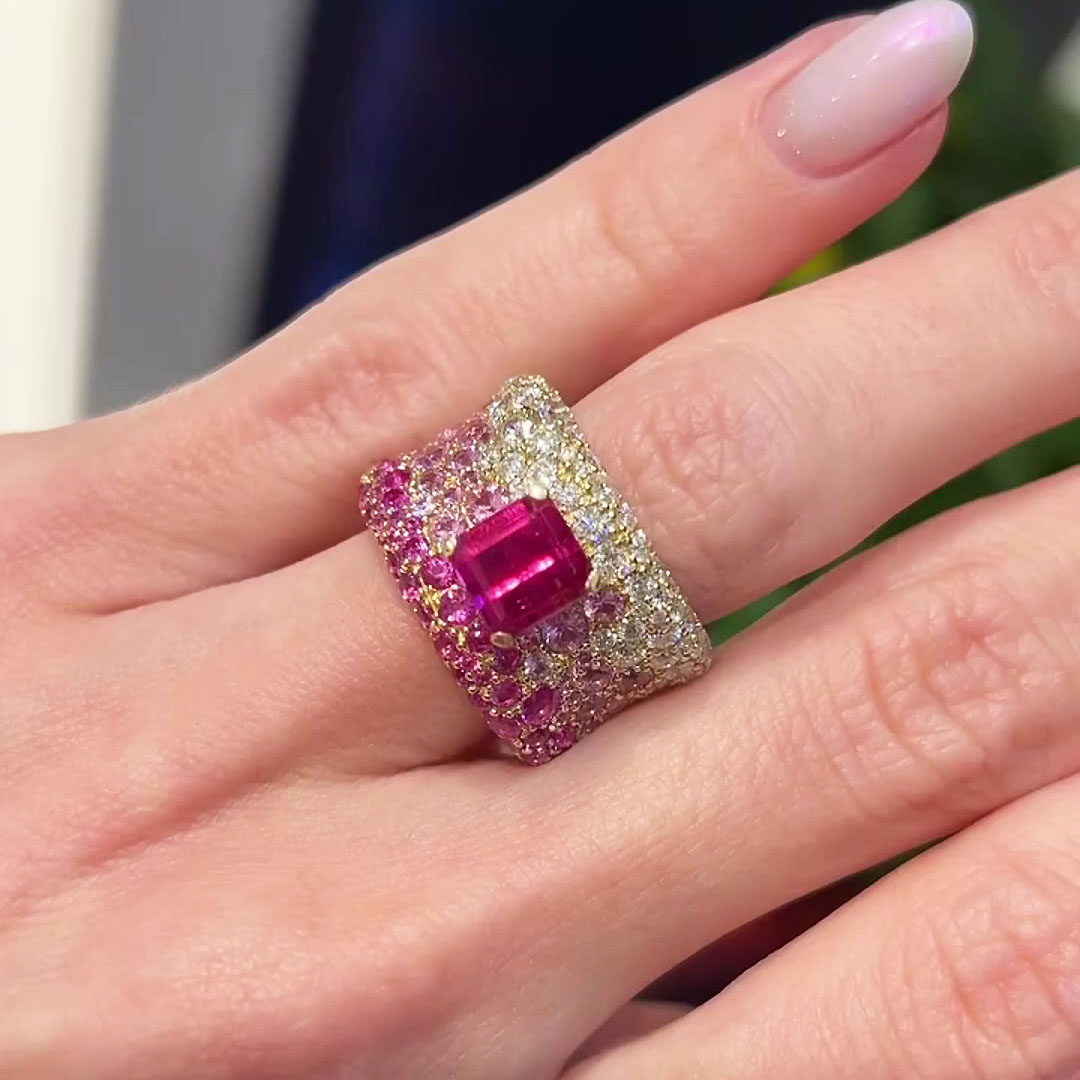 4.5ct Emerald Cut Pink Sapphire Pave Setting Wedding Band