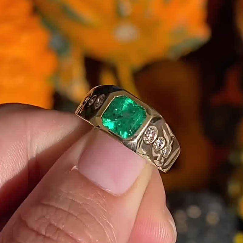 2ct Asscher Cut Emerald Sapphire Men's Engagement Ring