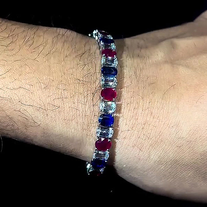Three-Tone Multi-cut Blue&Ruby&White Sapphire Chain Bracelet