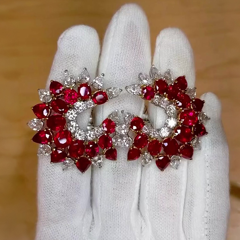 Cascading Ruby & Diamond Cluster Necklace-Earring Set