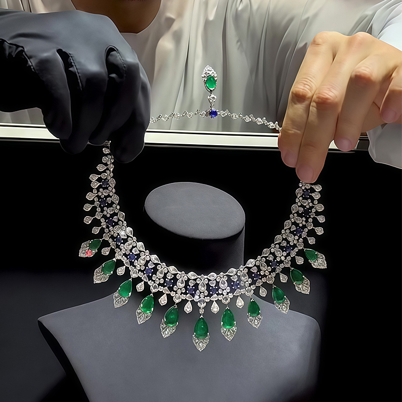 Emerald, Sapphire & White Sapphire Royal Fringe Choker Necklace