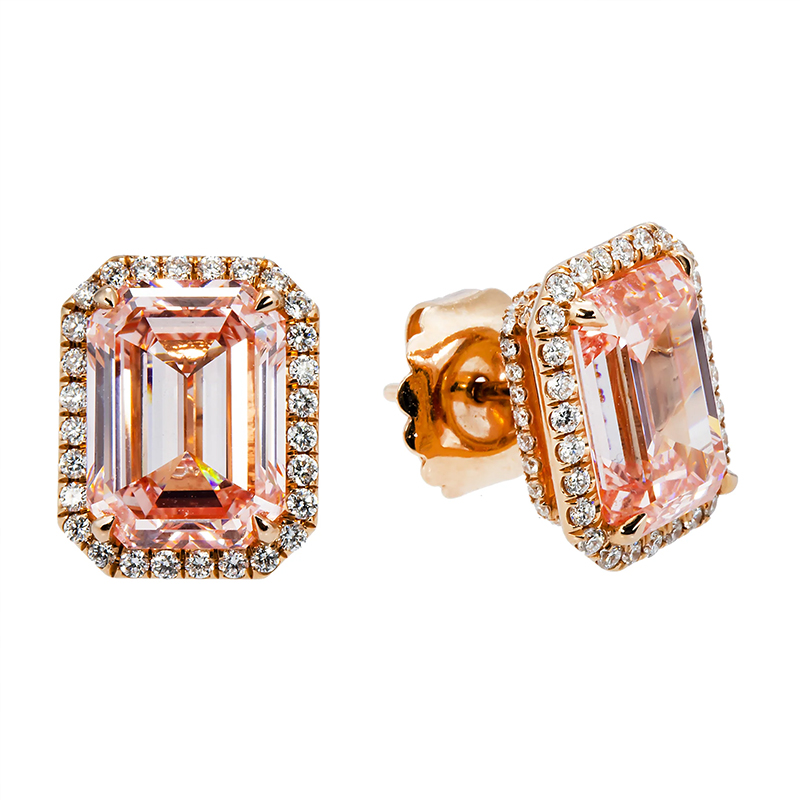 Halo Emerald Cut Pink Sapphire Stud Earrings